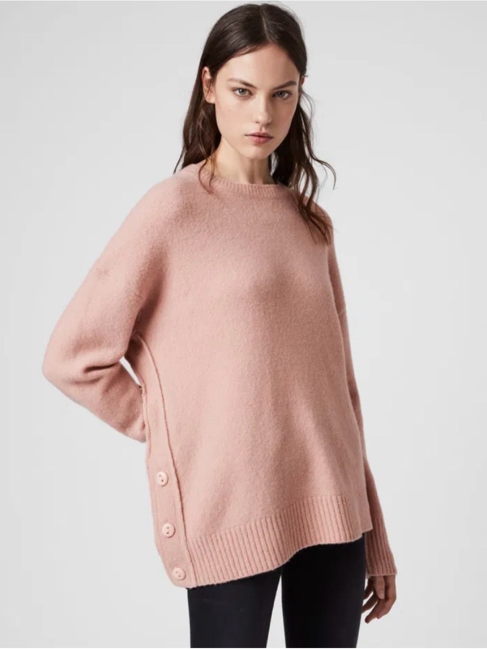 AllSaints Rufa Jumper Sweater Wool Yak Buttons Pink Sz Large